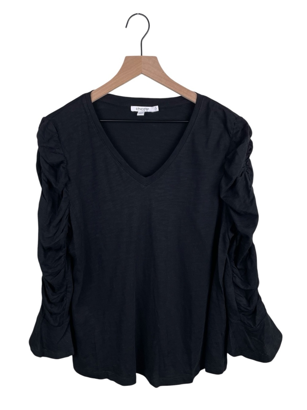 Chico's Black V-neck Ruched Long Sleeve Tee Size 2 Large Cotton Modal Classic